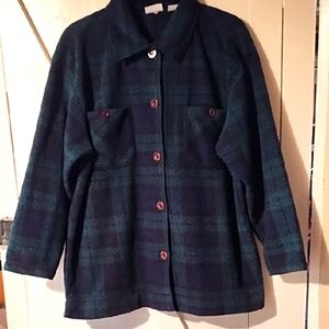 Basic Editions Women's Plaid Jacket - Navy and Teal VGC Size Medium. Pockets.